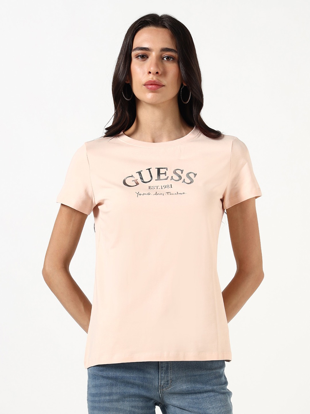 Guess Women Typography Print Round Neck Short Sleeves T-Shirt
