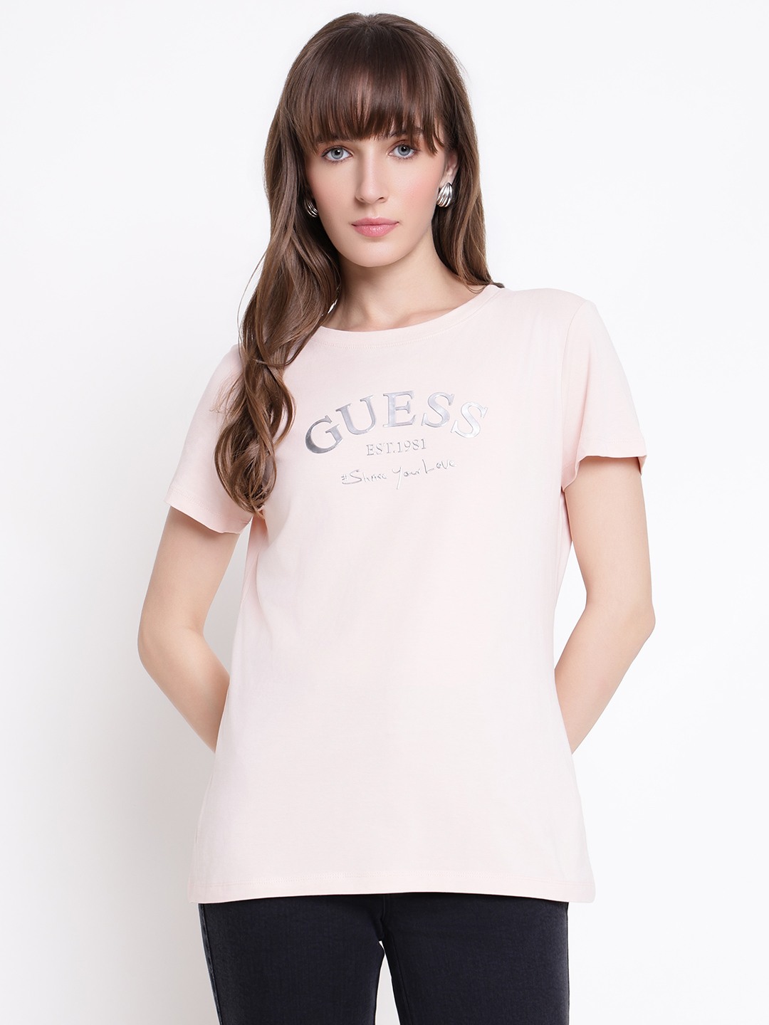 Guess Women Margot Dolly Pink Typography Round Neck Regular Fit T-Shirt