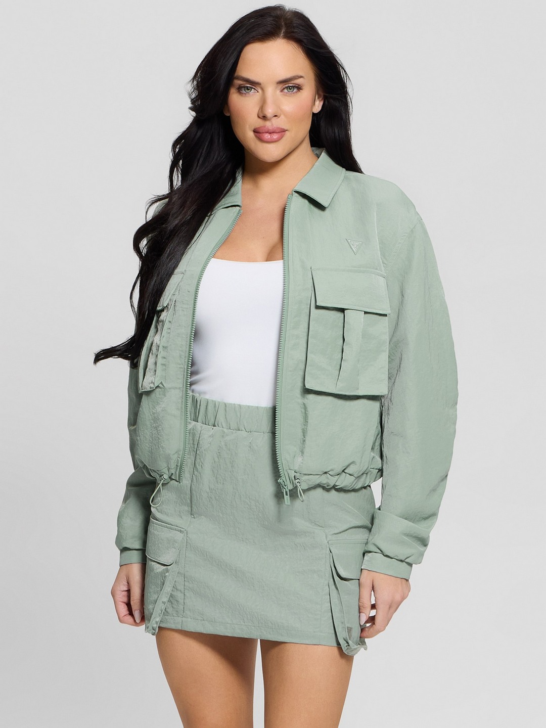 Guess Women's Green Solid Collared Long Sleeves Jacket