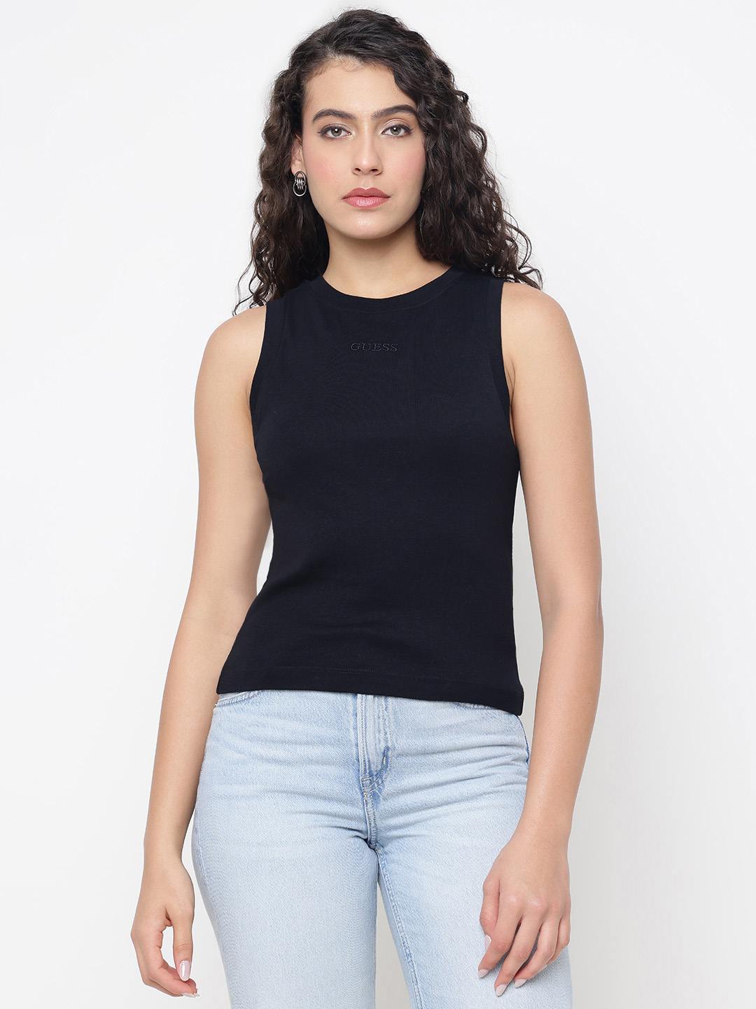 Gelsey Organic Jet Black Solid Round Neck Regular Fit Tank Top