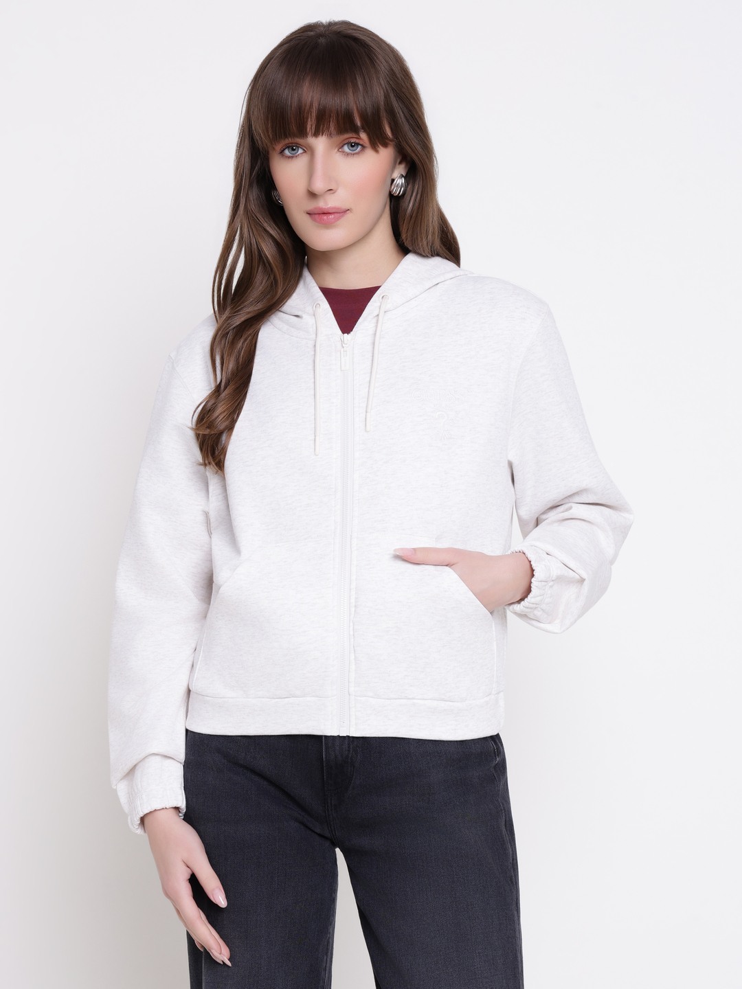 Guess Women Roberta Full Zip Cotton Fleece Cream Melange Solid Hooded Neck Regular Fit Front Open Sweatshirt