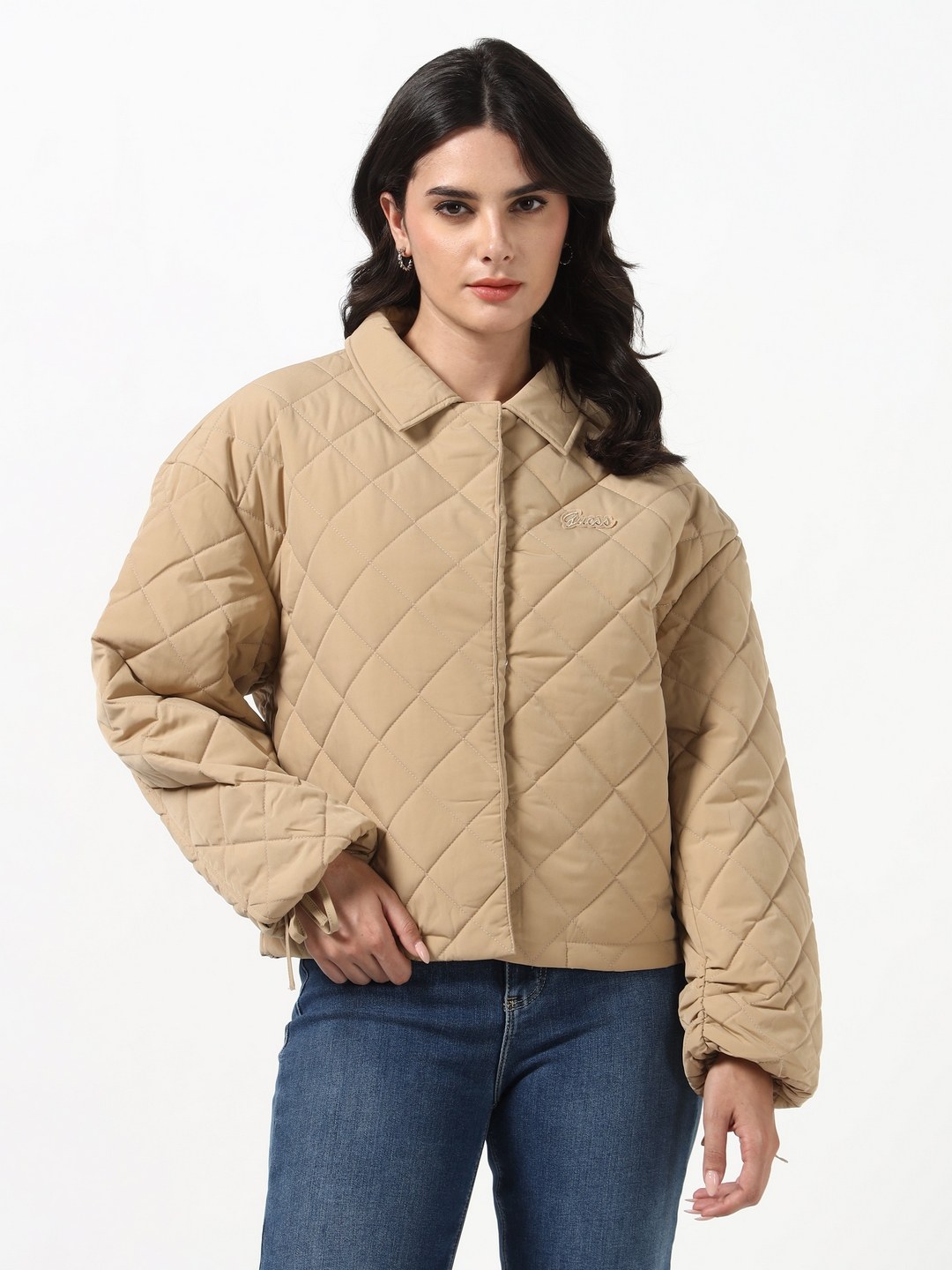 Guess Women Bianca Puffer Travertine Sand Quilted Collared Neck Full Sleeves Woven Jacket