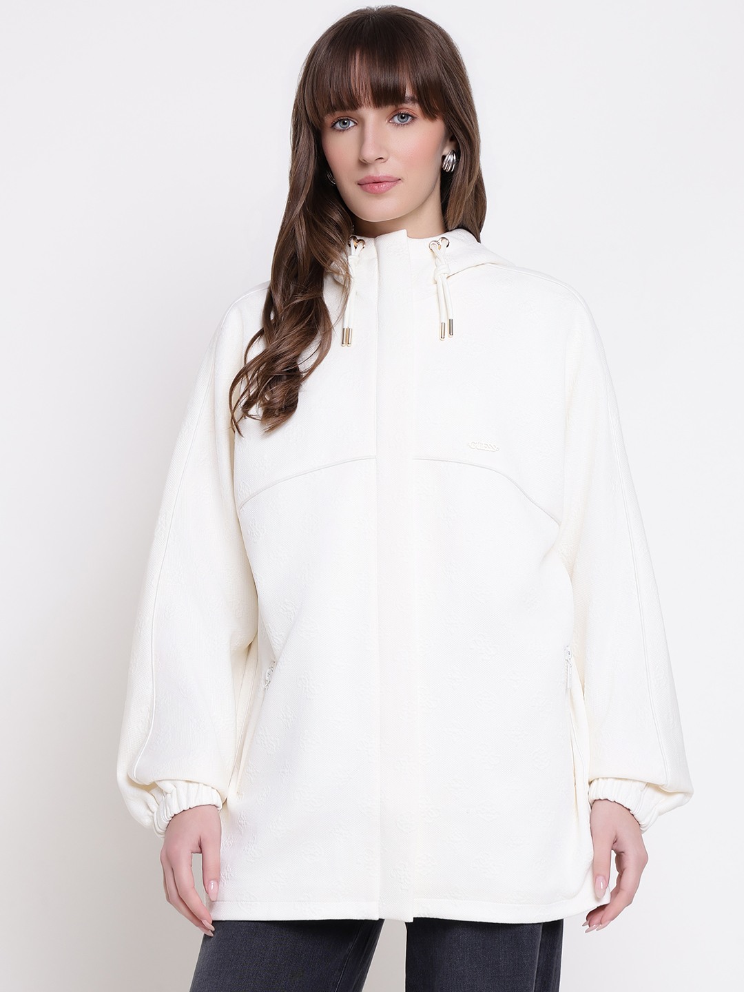 Guess Women Peony Full Zip White Jacquard Hooded Neck Regular Fit Front Open Sweatshirt