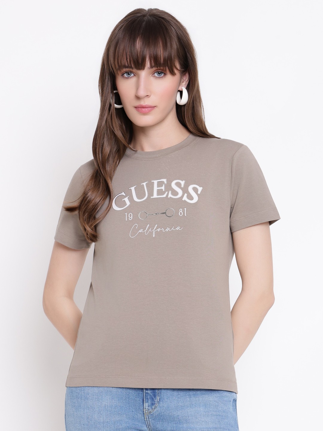 Guess Women Beatriz Mid Organic Stretch Totally Taupe Embroidered Round Neck Regular Fit T-Shirt