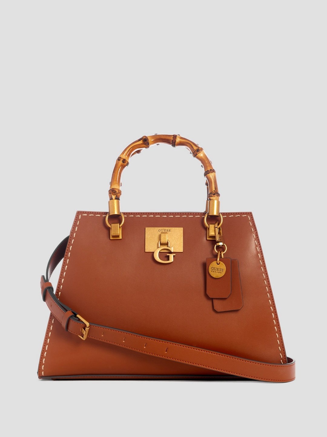 Cognac Solid Stephi Bamboo Satchel Bag
