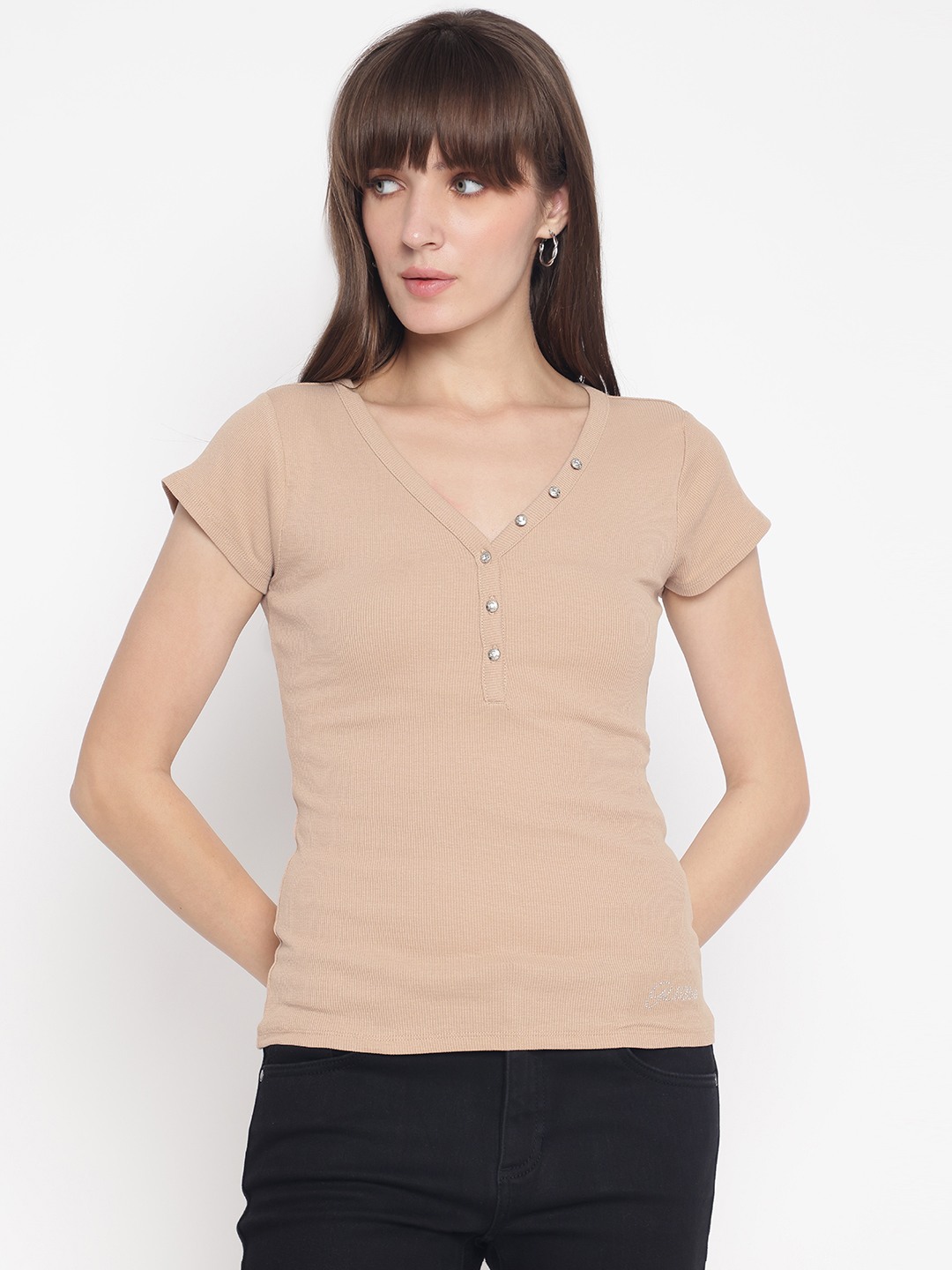Khaki Ribbed V-Neck Short Sleeve Top