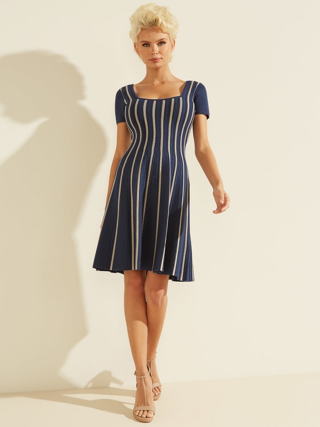 Blue Textured Square Neck Fit And Flare Dress