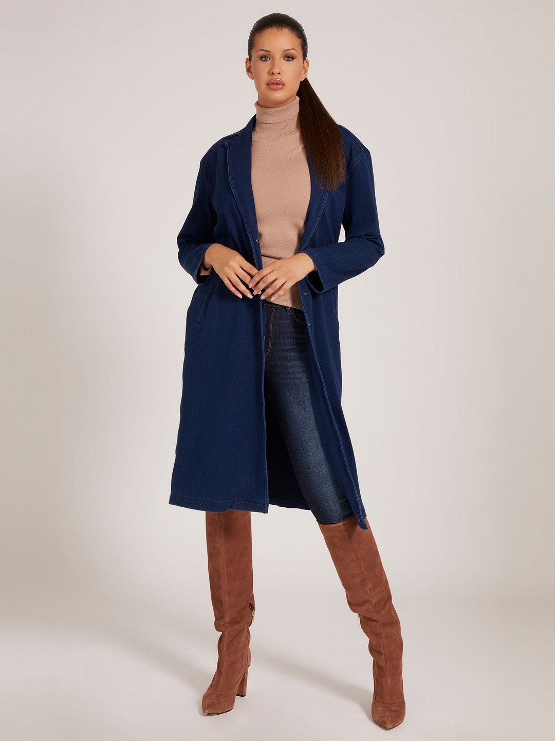 Blue Solid Shawl Collar Denim Duster Coat