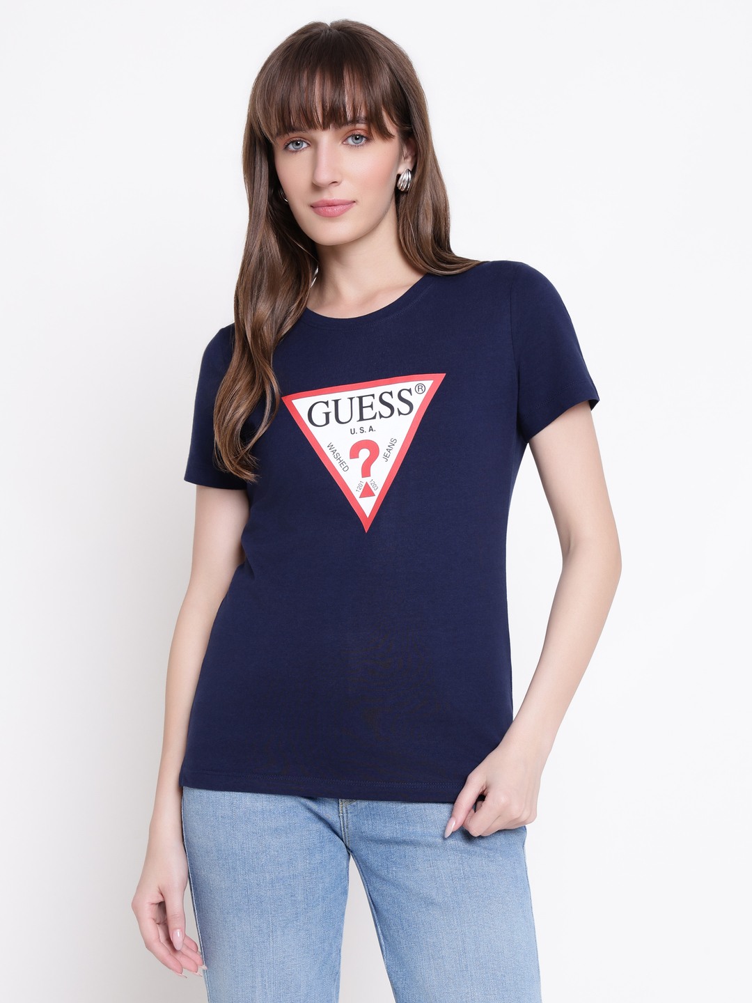 Guess Women Mid Organic Stream Suiting Blue Brand Logo Round Neck Regular Fit T-Shirt