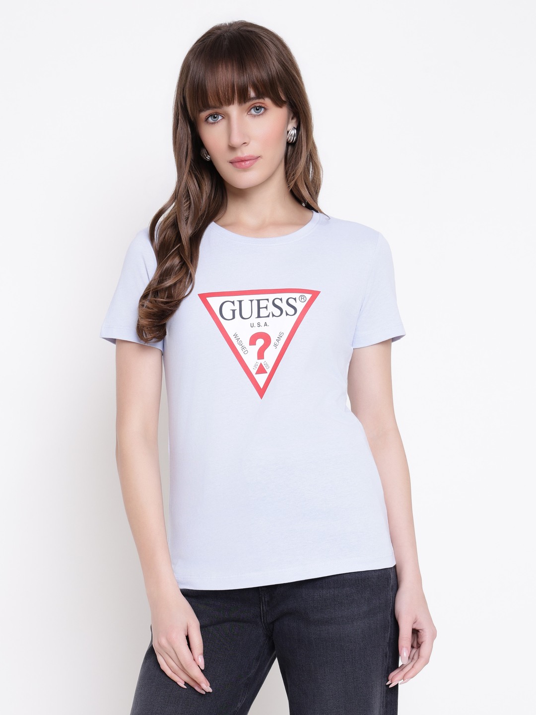 Guess Women Mid Organic Stream Airway Blue Brand Logo Round Neck Regular Fit T-Shirt