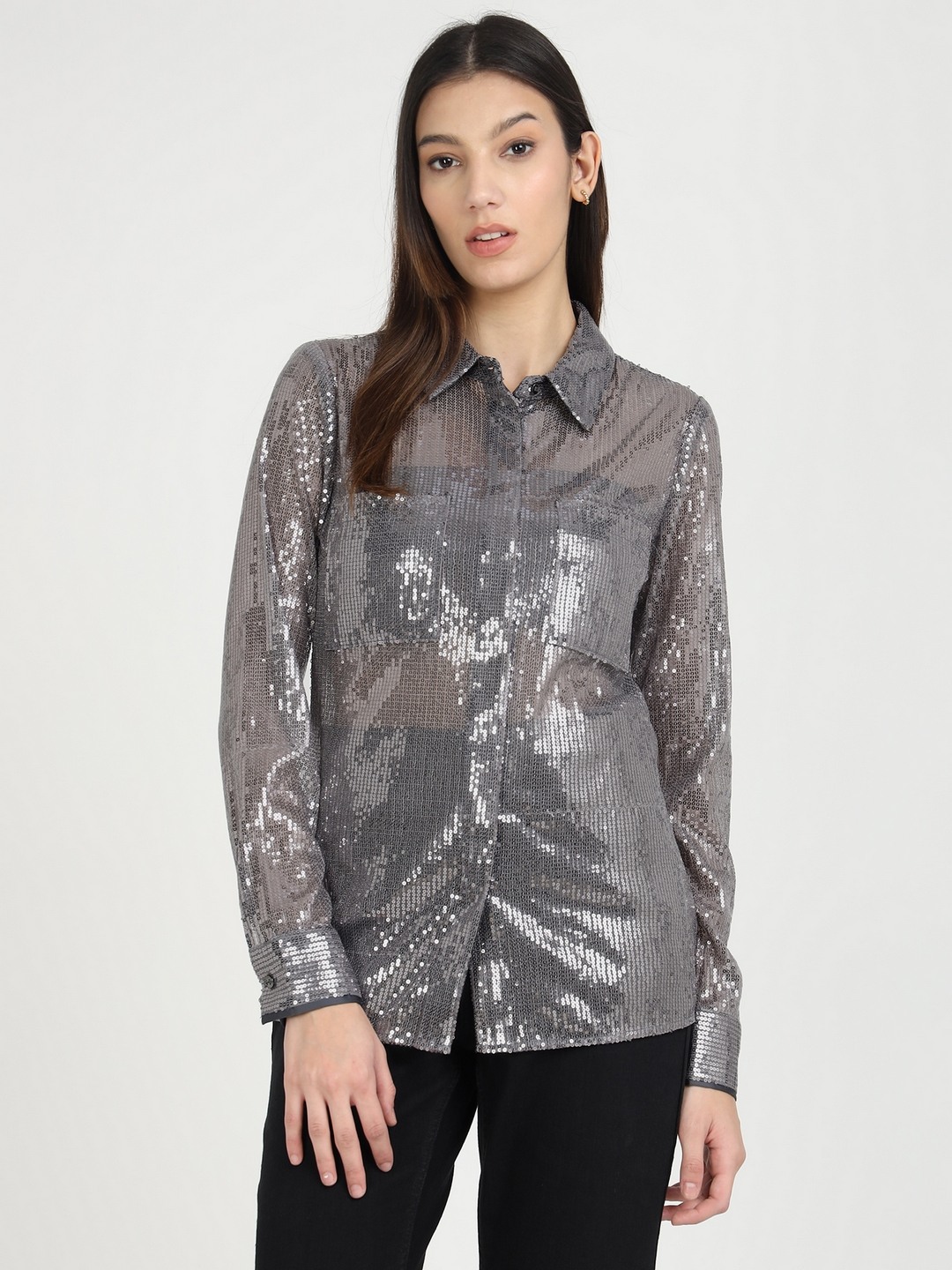 Gunmetal Polyester Blend Embellished Spread Collar Shirt