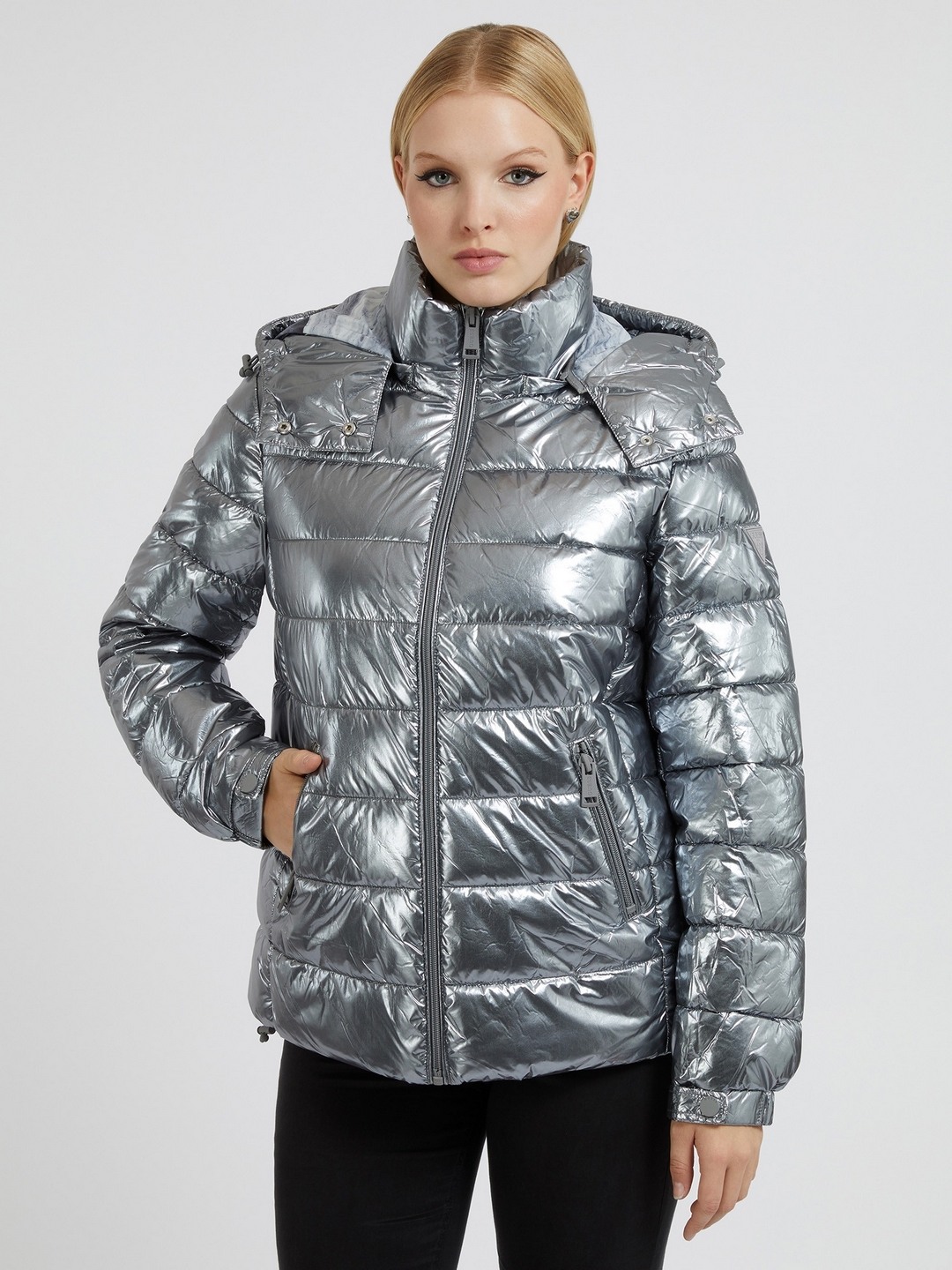 Grey Solid Hooded Neck Puffer Jacket