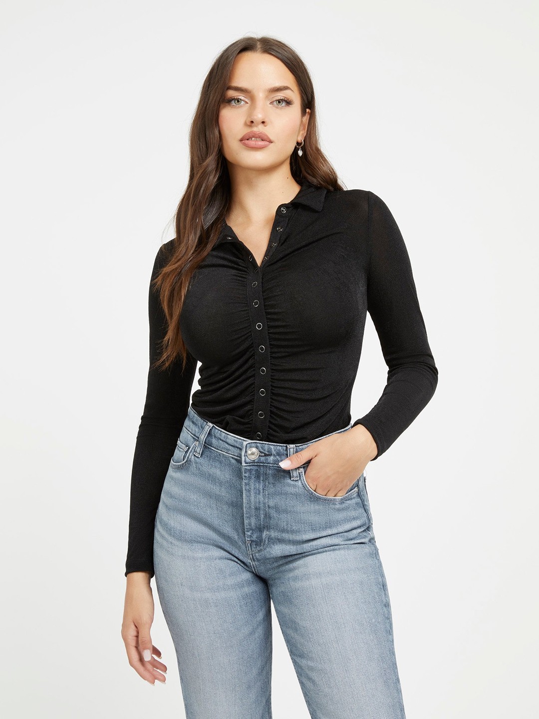 Black Solid Collar Neck Full Sleeves Top