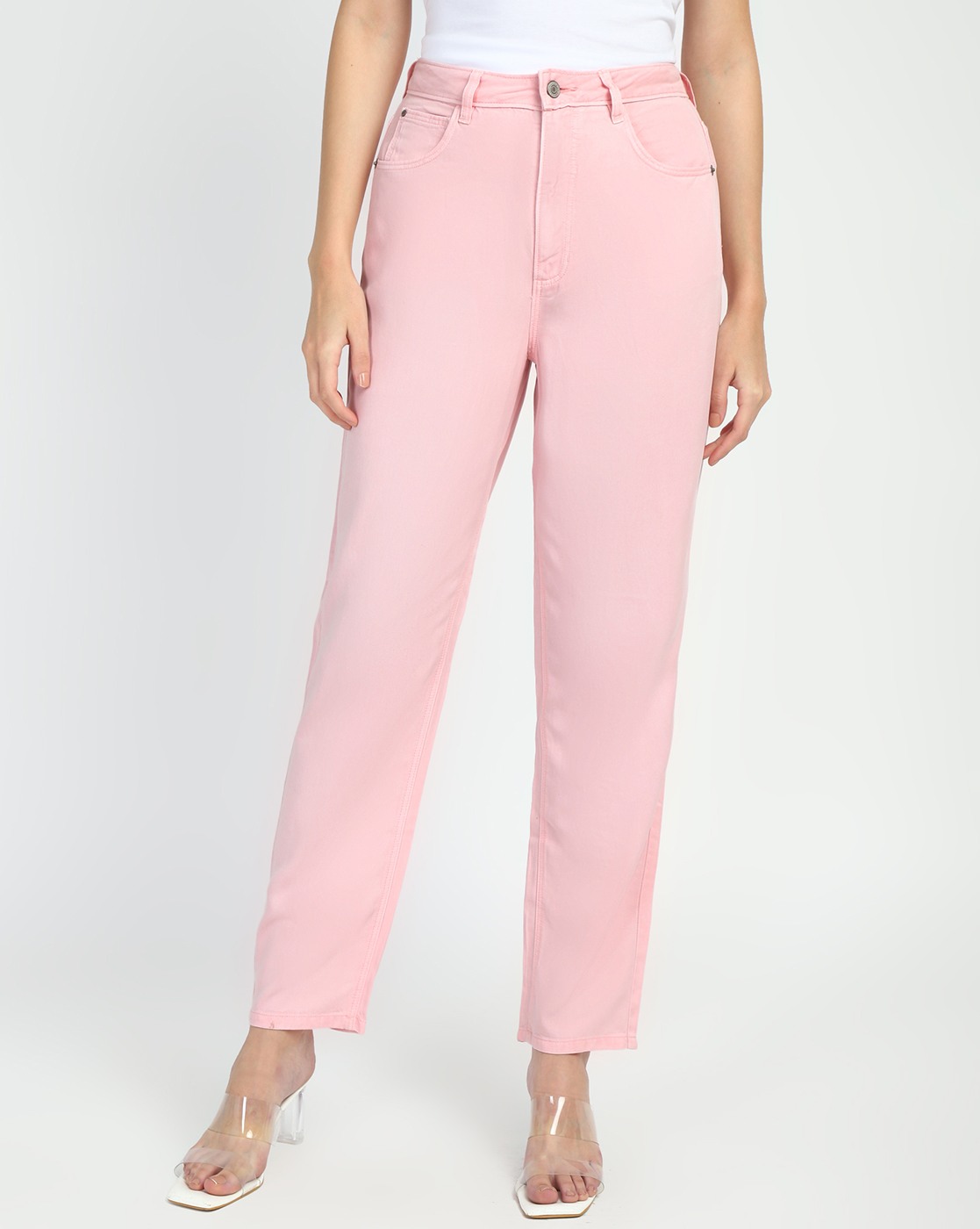 Women's Pink Lyocell Solid Relaxed Fit Jeans