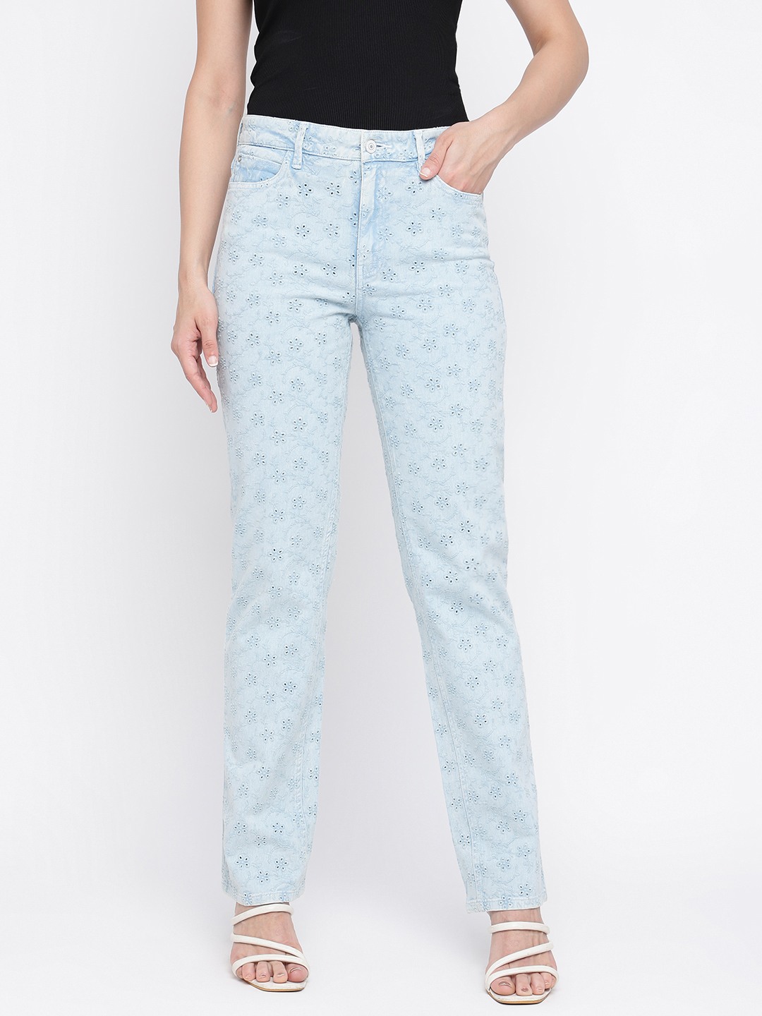 Light Blue Cut Work Straight Fit Jeans