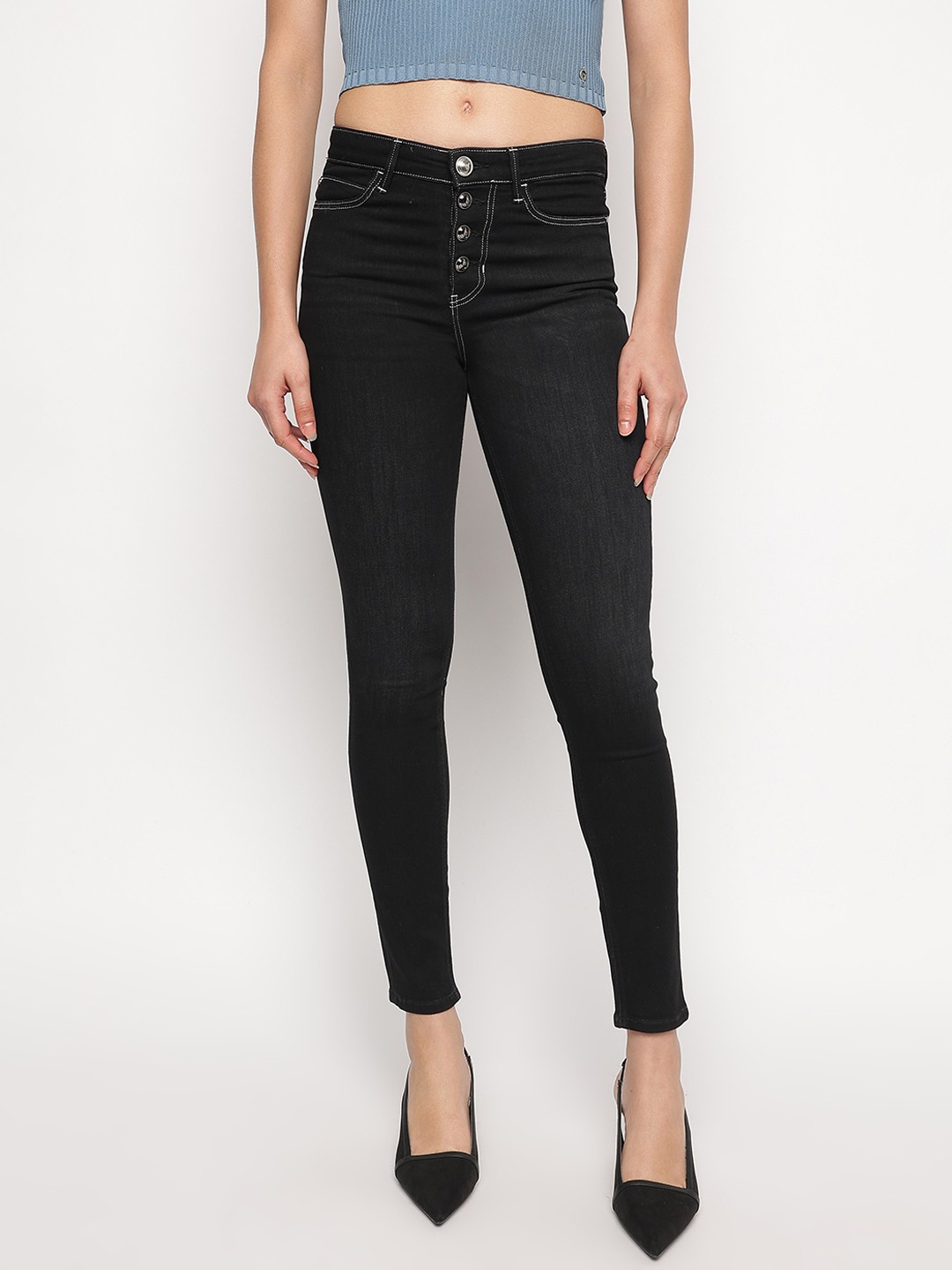 Black Solid Skinny Fit Exposed Button Plume Jeans