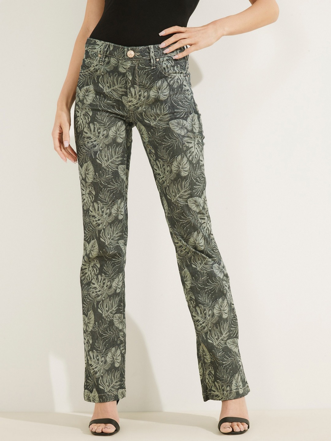 Green Printed High-Rise Skinny Fit Straight Jeans
