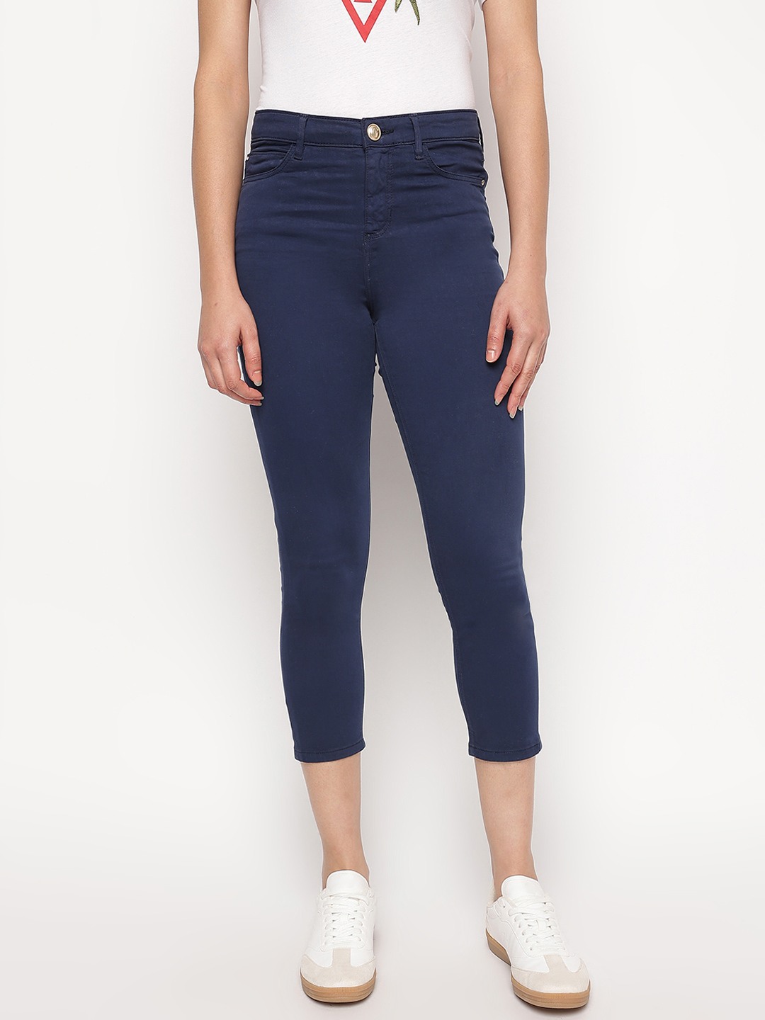 Blue Solid Super Stretch Sunny Satin Capri Jeans