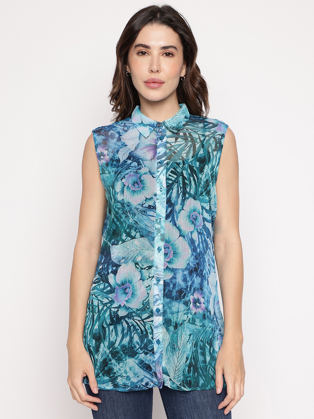 Blue Printed Spread Collar Clouis Shirt