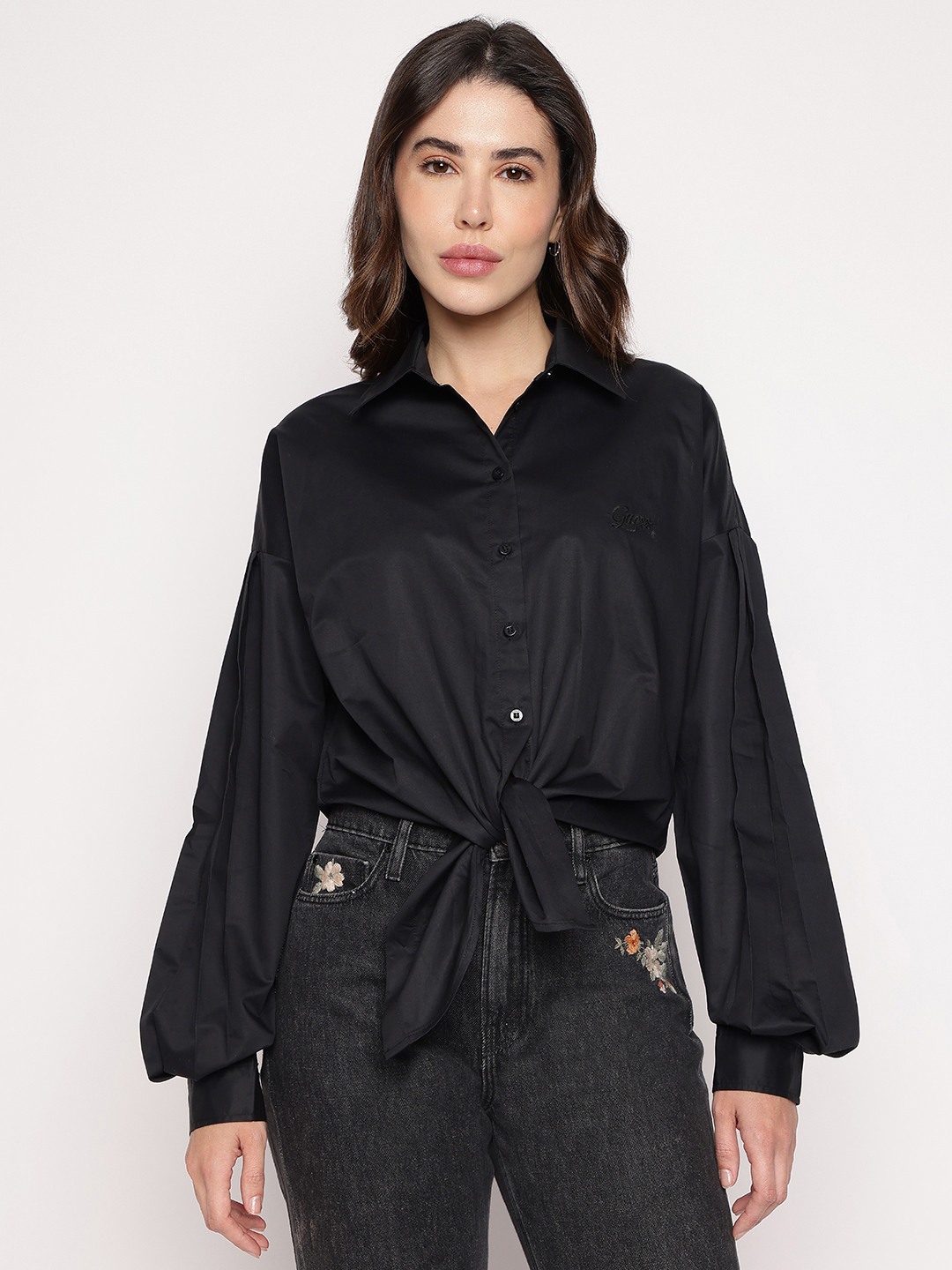 Black Solid Spread Collar Savina Satin Shirt