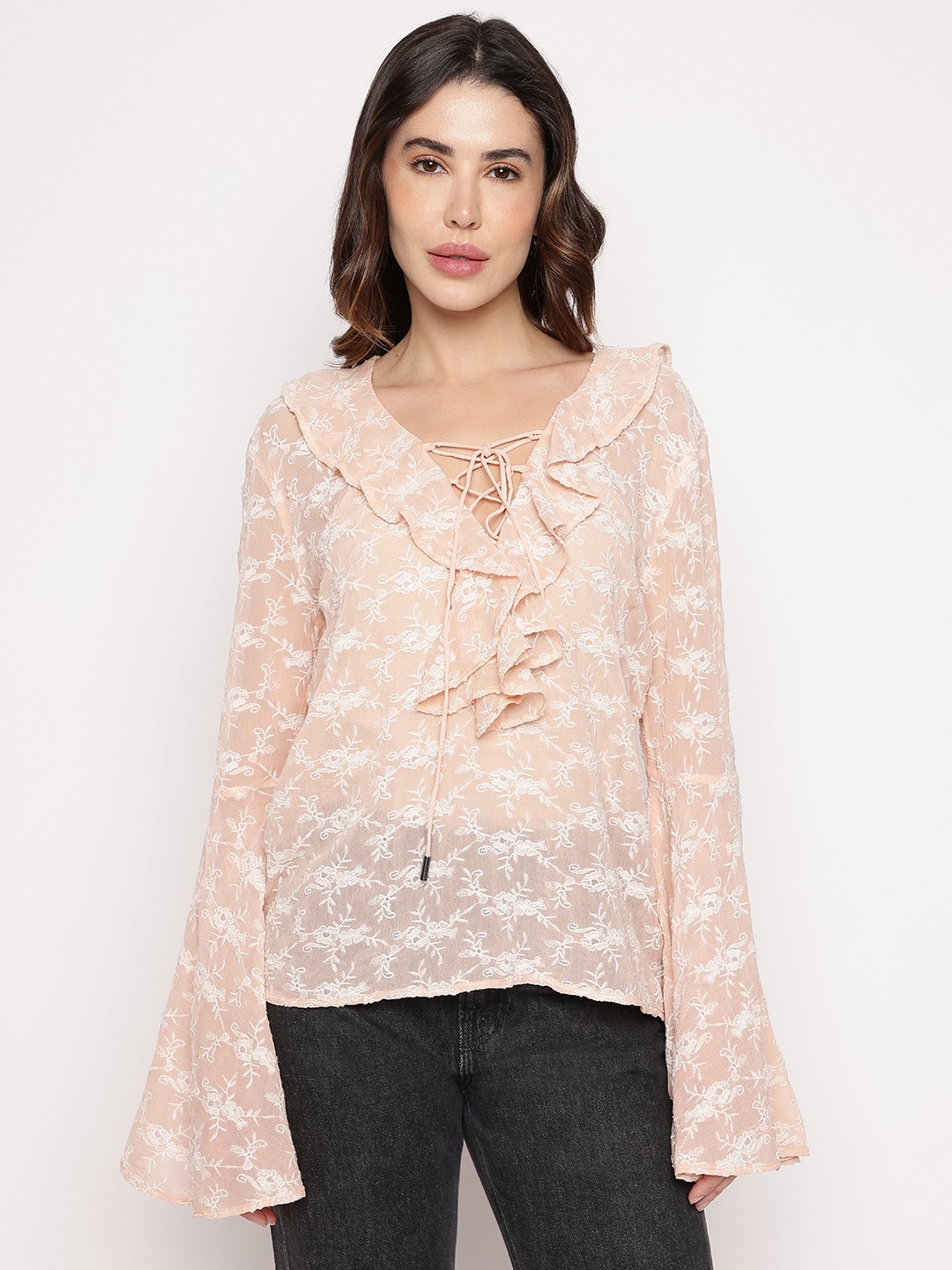 Peach Embroidered V-Neck Silvana Top