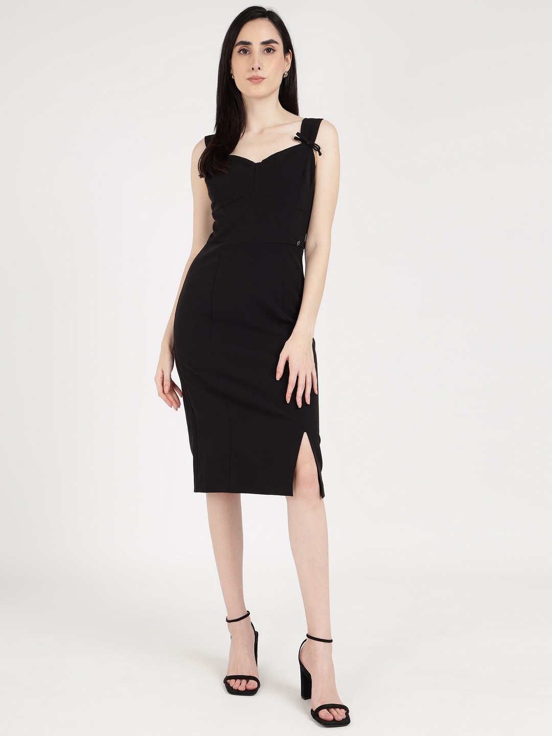 Black Solid Sweetheart Neck Sleeveless Bodycon Slit Dress