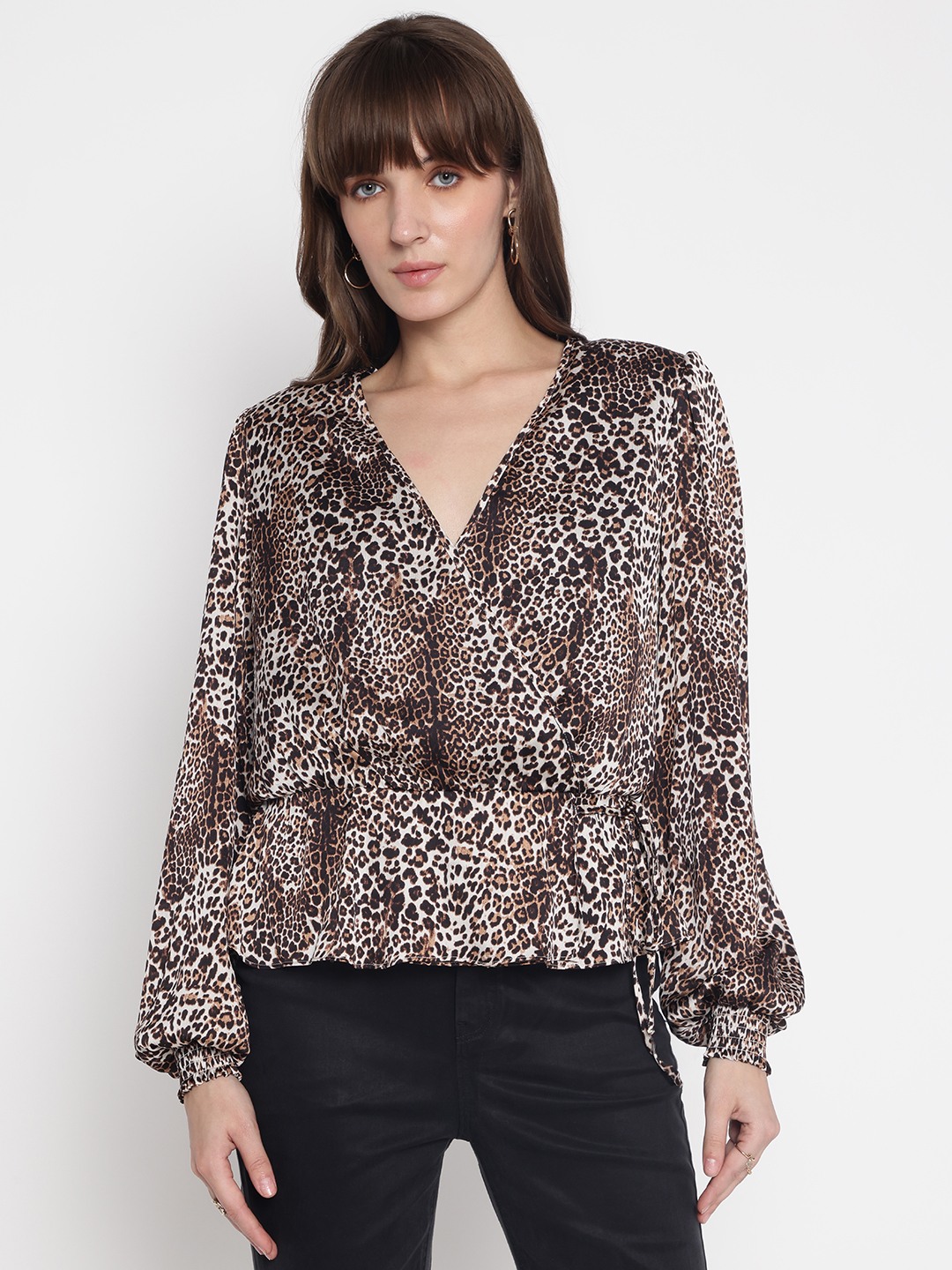Brown Printed V-Neck Full Sleeve Top