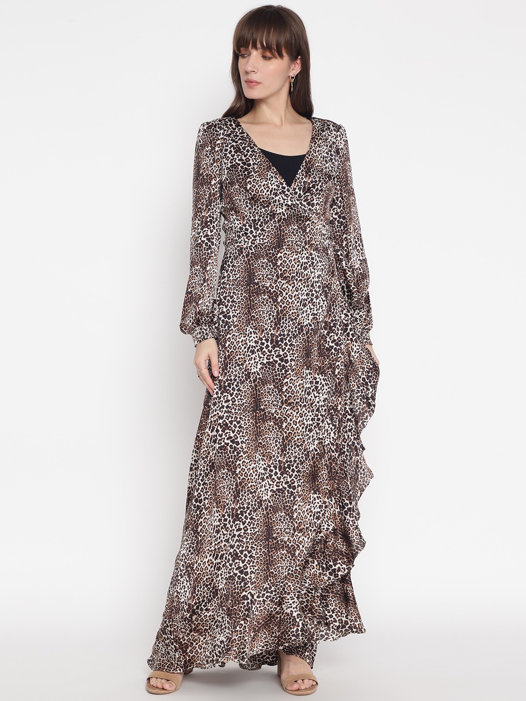 Brown Printed V-Neck Full Sleeve Wrap Dress