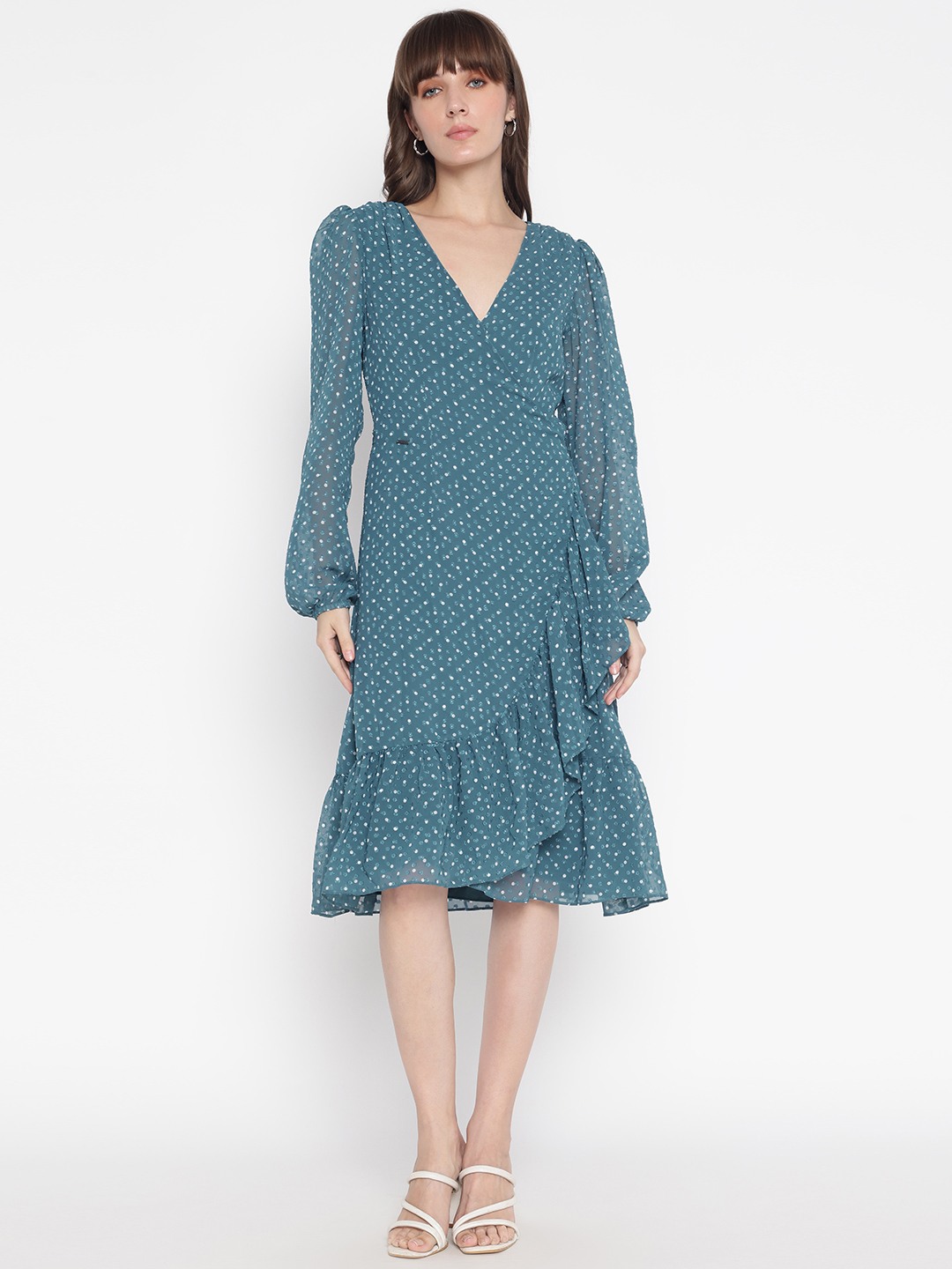 Teal Printed V-Neck Full Sleeve Wrap Dress