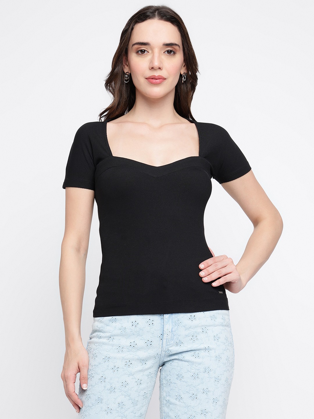 Black Ribbed Square Neck Short Sleeve Top