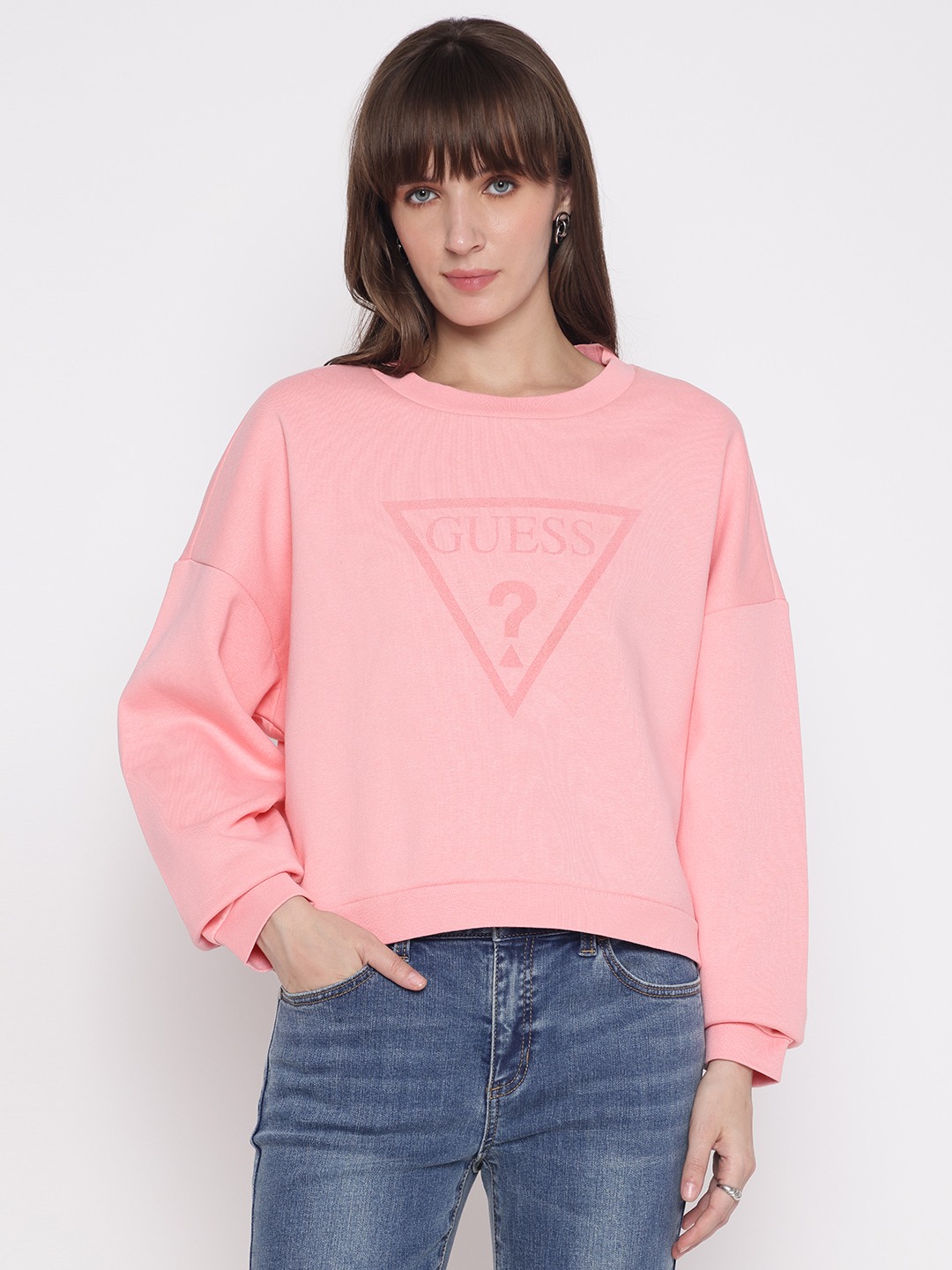 Pink Printed Crew Neck Full Sleeve Sweatshirt