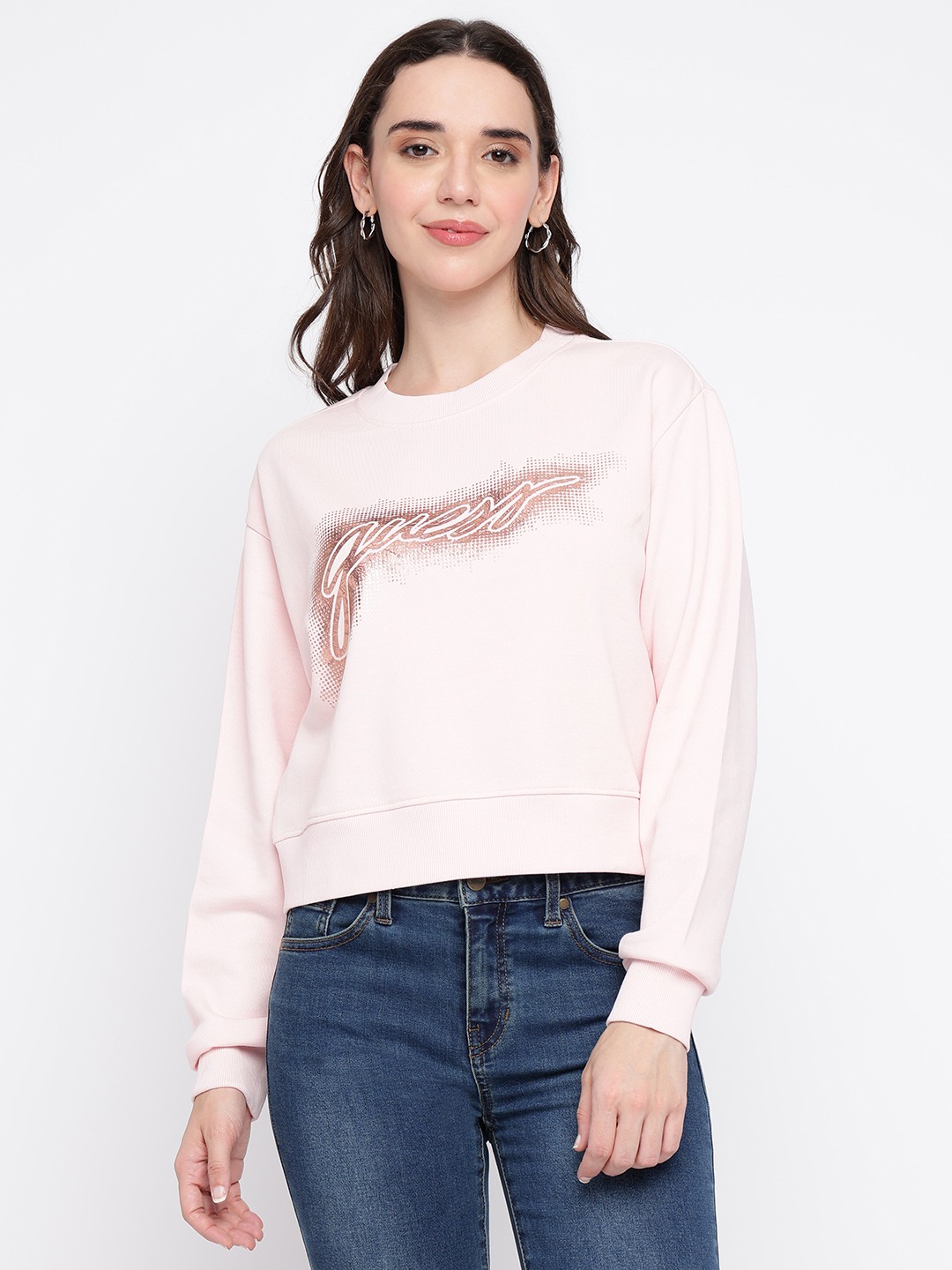 Light Pink Printed Crew Neck Full Sleeve Sweatshirt