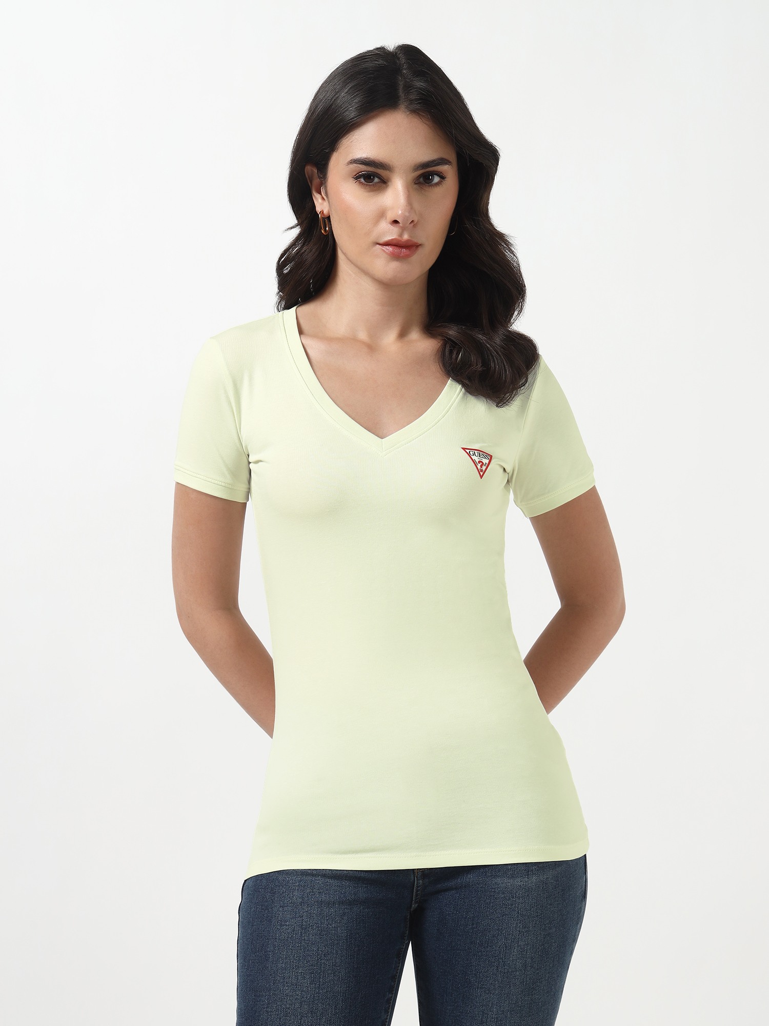 Guess Women Triangle Pastel Lime Solid V-Neck Half Sleeves Knit T-Shirt
