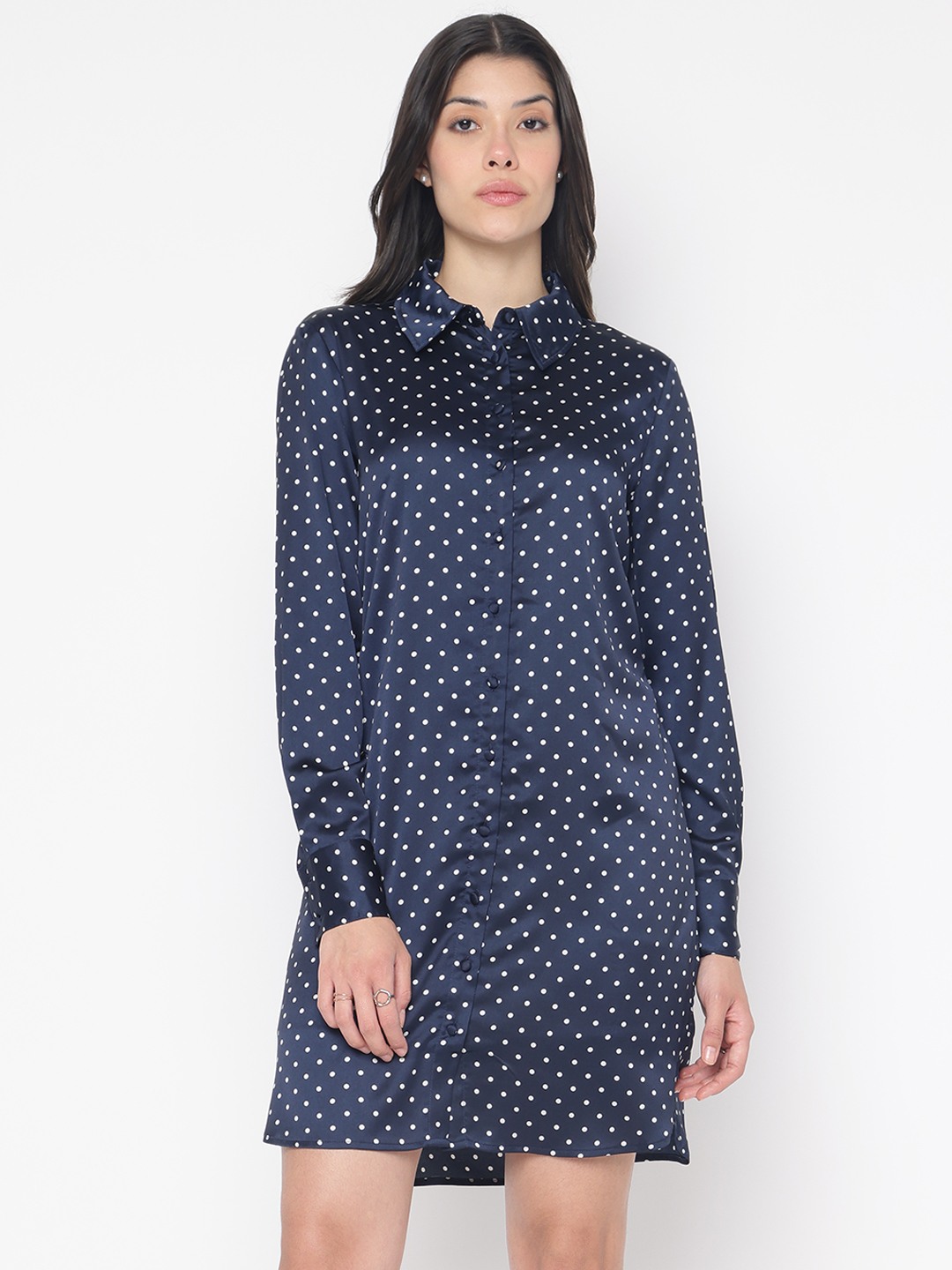 Dark Blue Printed Shirt Collar Full Sleeve Shirt Dress