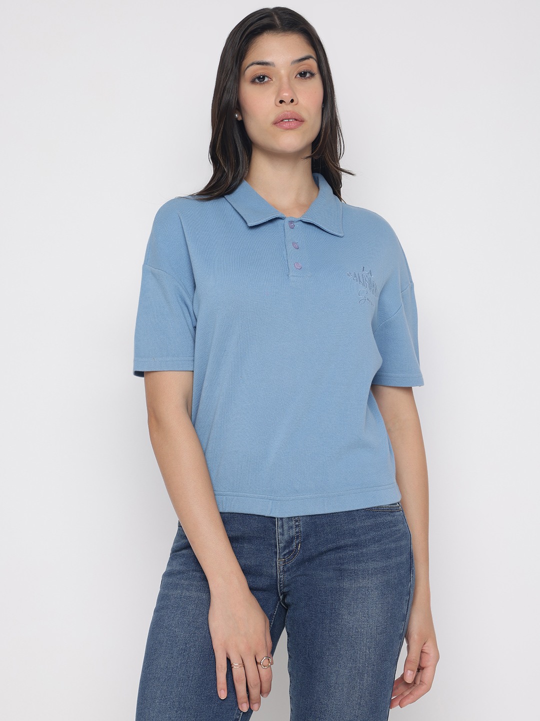 Blue Embroidered Short Sleeve Polo T-Shirt