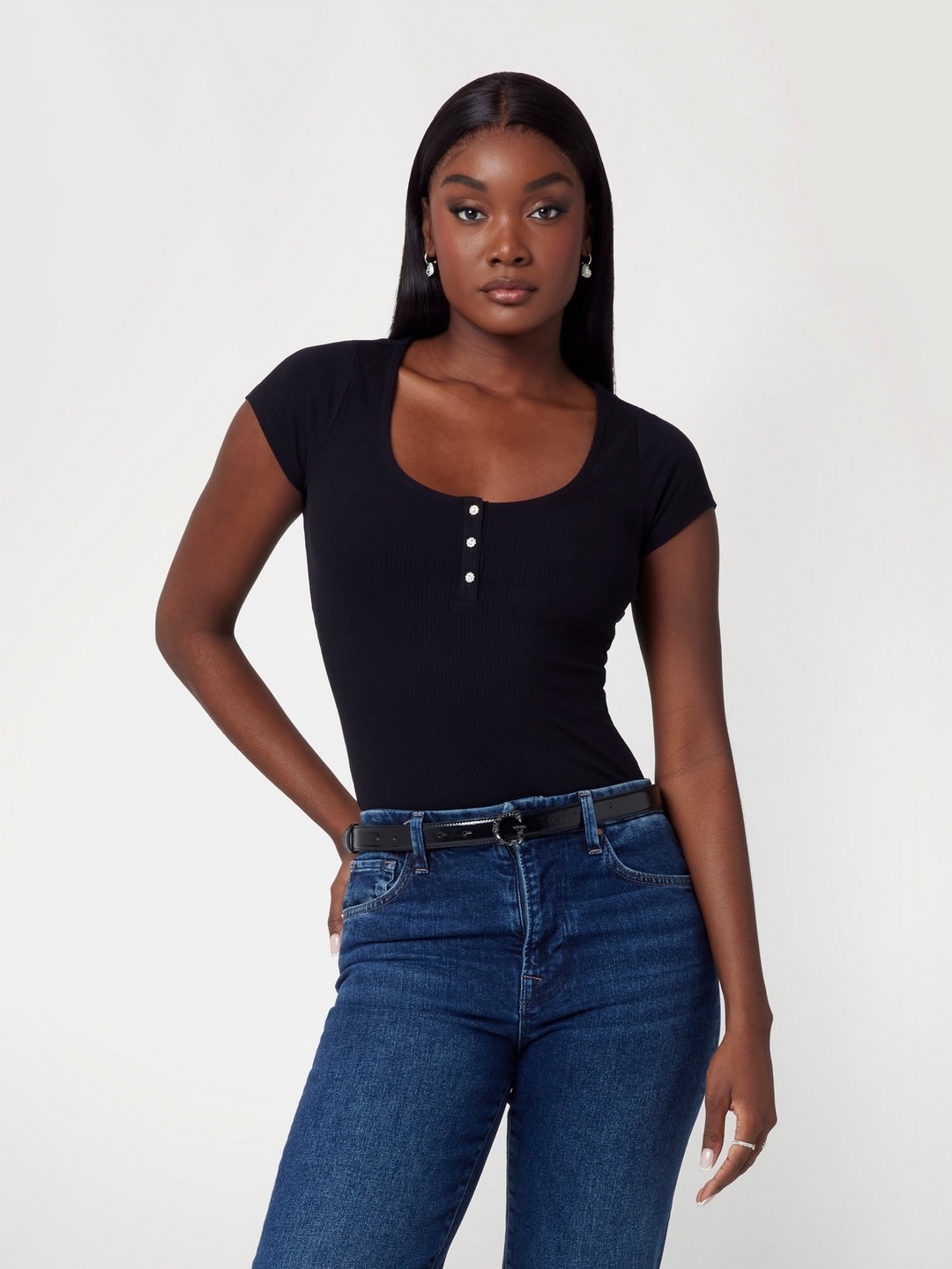 Black Solid Henley Neck Short Sleeves Top