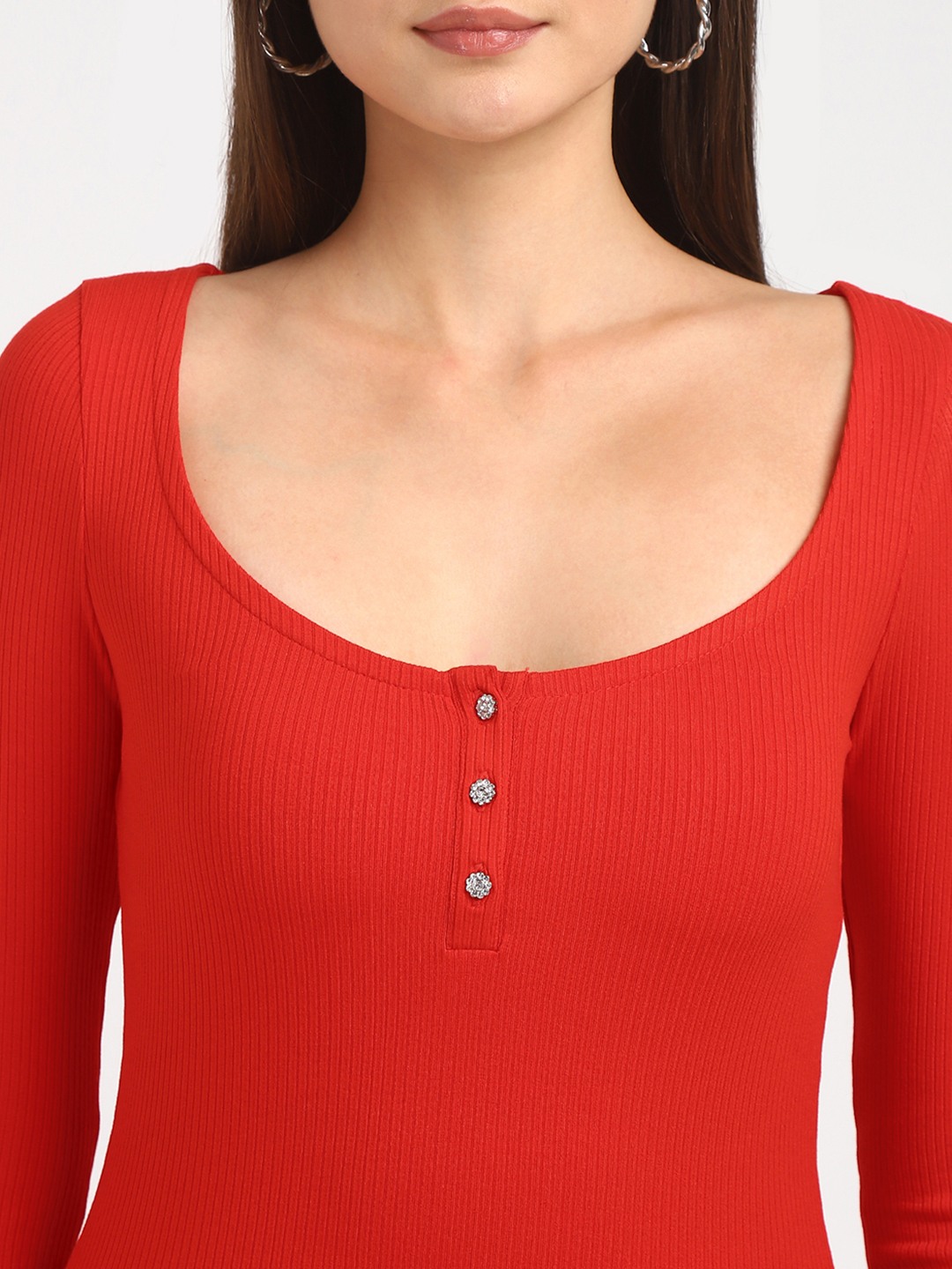 Red Ribbed Henley Neck Full Sleeves Top