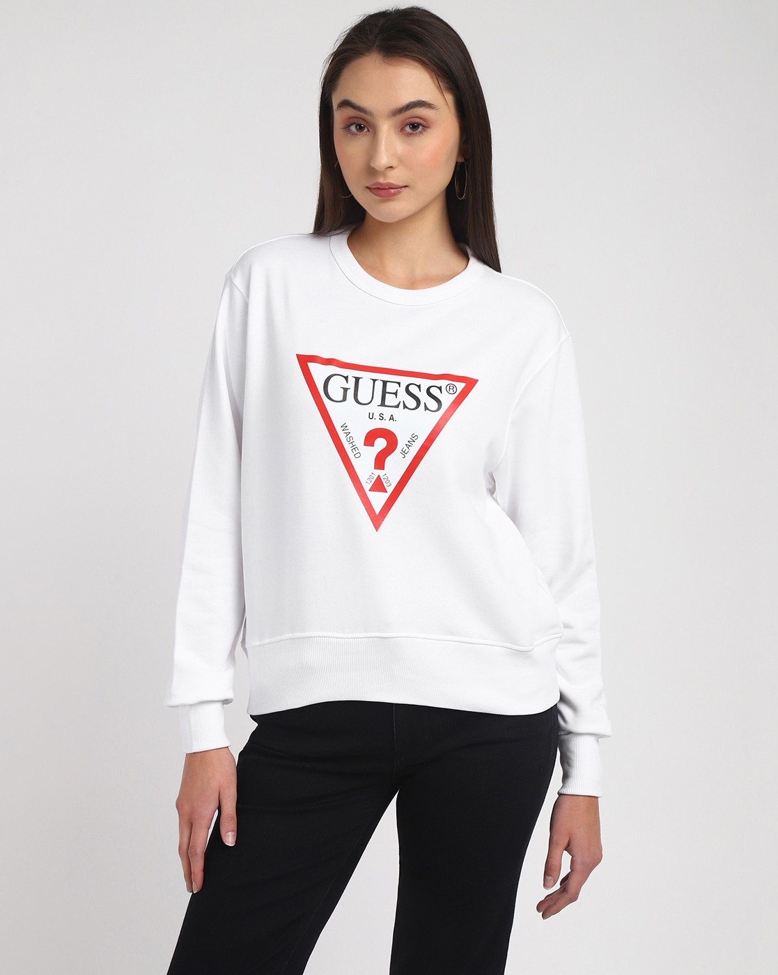White Printed Round Neck Full Sleeves Sweatshirt