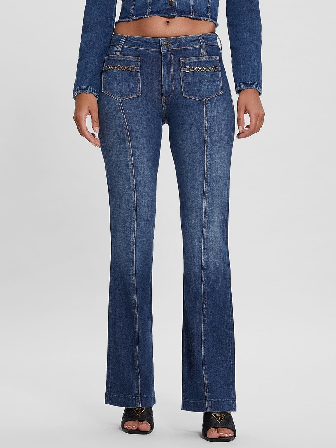 Women Blue Solid Mid-Rise Ankle Length Jeans