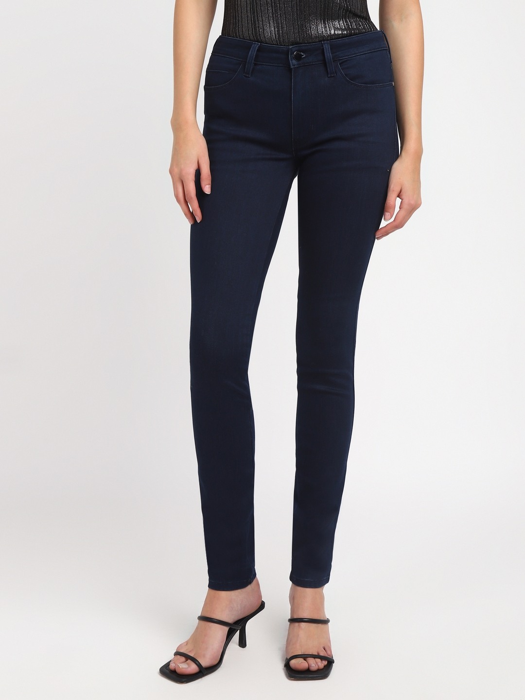 Blue Solid Mid-Rise Regular Length Jeans