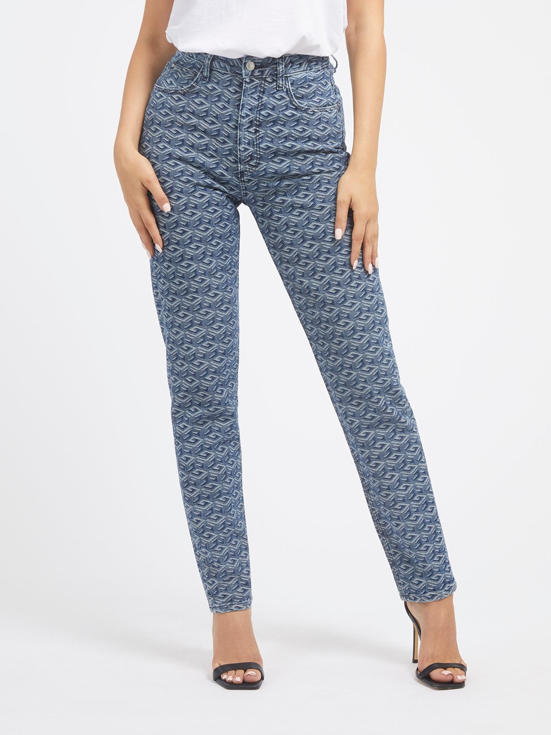 Blue Printed High-Rise Ankle Length Jeans