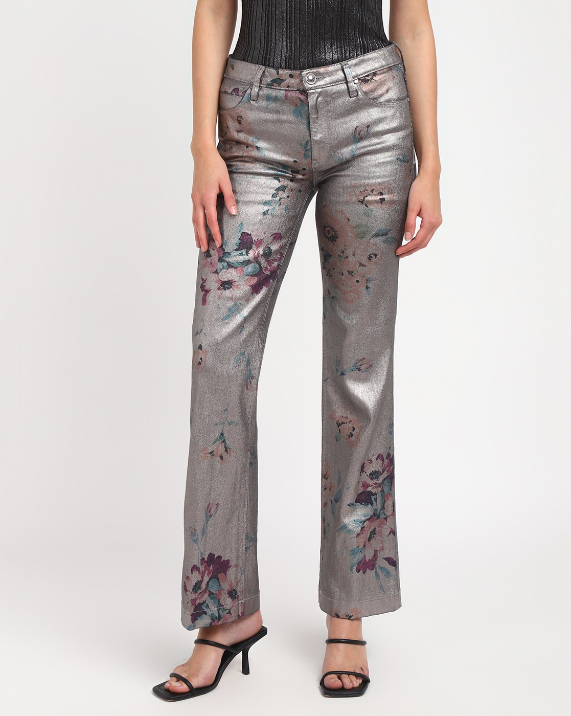 Women's Silver Cotton Printed Slim Fit Jeans