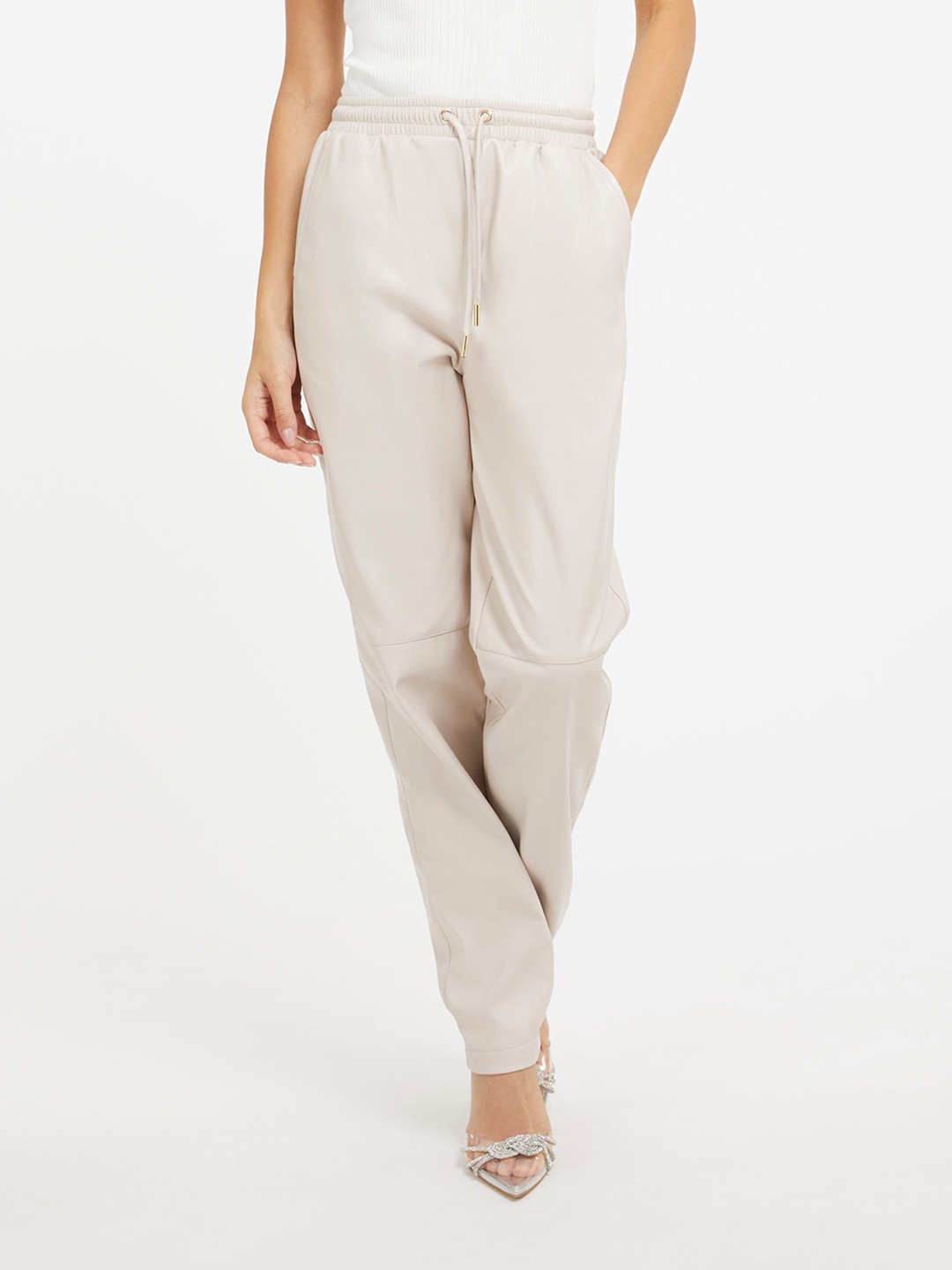 Women Taupe Solid High-Rise Ankle Length Pleated Trouser