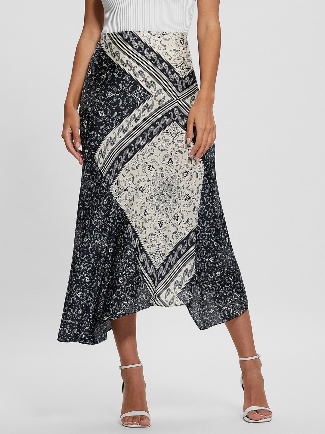 Women Blue Printed High-Rise Calf Length Katrina Asymmetric Skirt