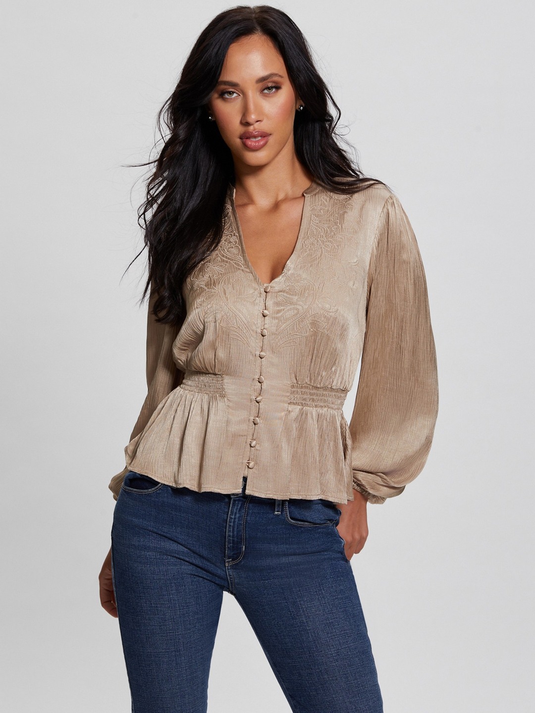 Beige Embroidered V-Neck Full Sleeves Joie Satin Top