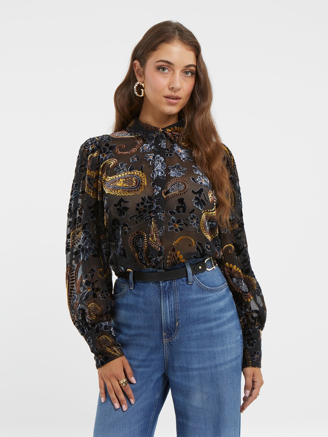 Black Printed Spread Collar Full Sleeves Paisley Velvet Top