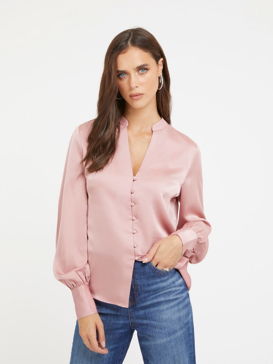 Pink Solid Mandarin Collar Full Sleeves Shirt
