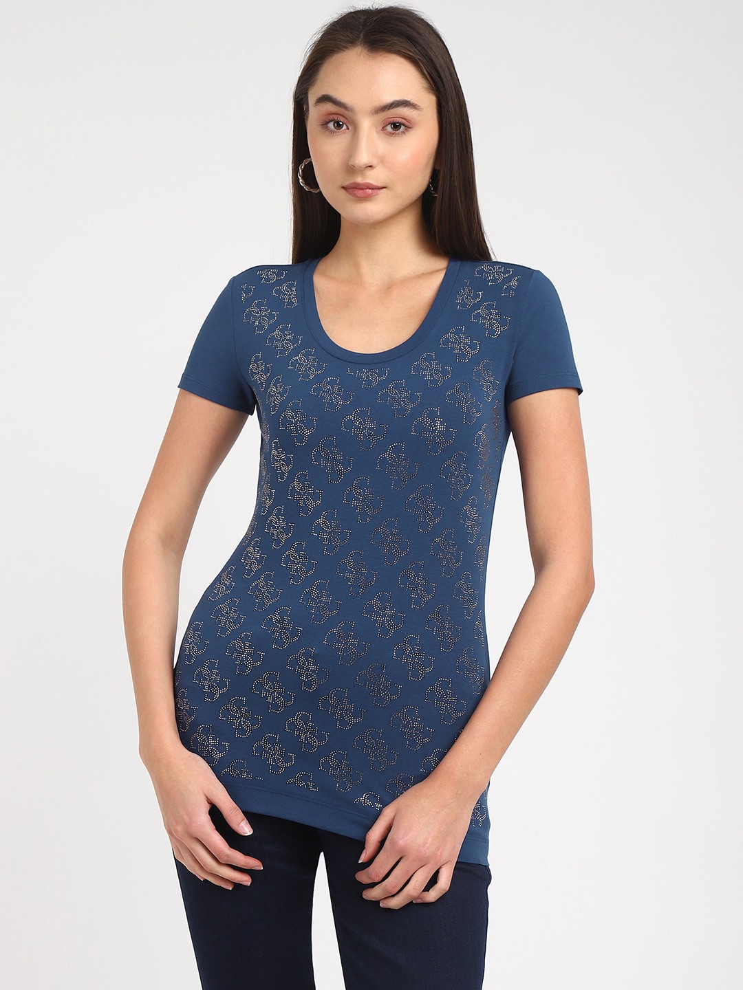 Blue Embellieshed Crew Neck Top