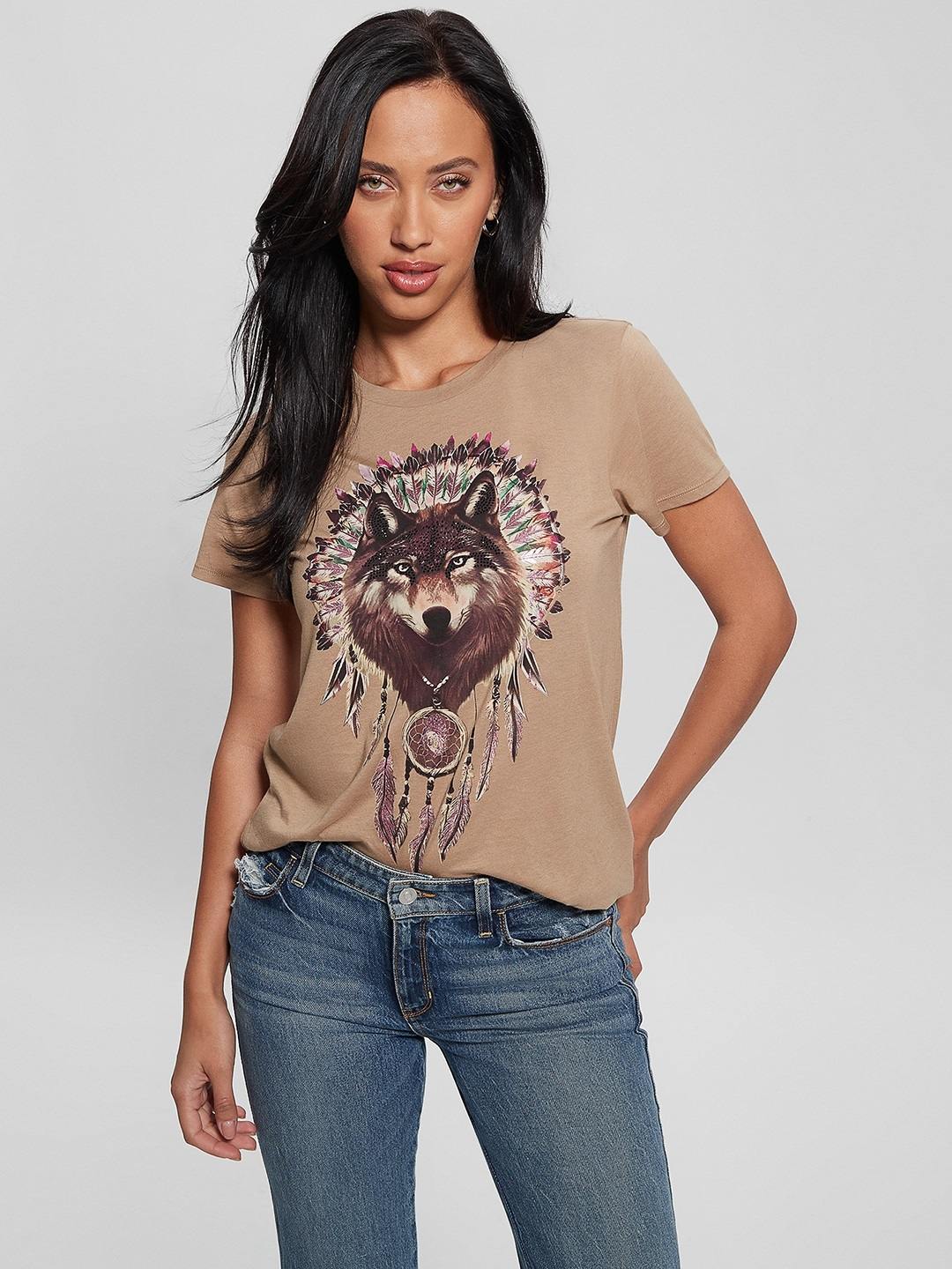 Brown Printed Round Neck Short Sleeves T-Shirt
