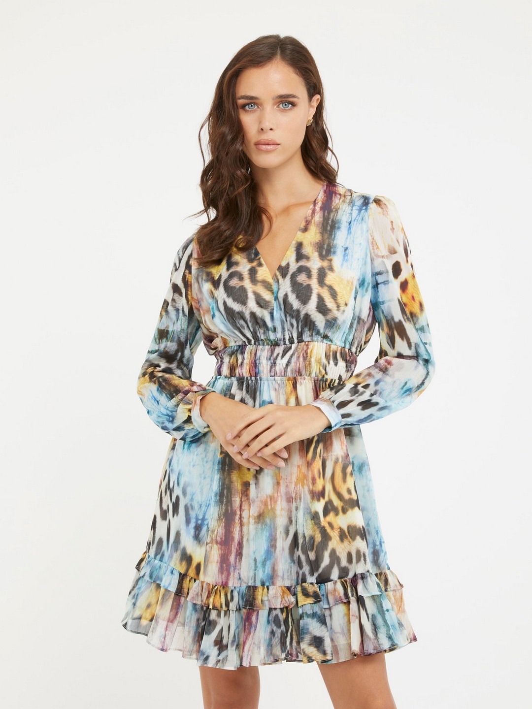Multi-Color Printed V-Neck Full Sleeves Layered Dress